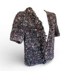 ESTELLE GRACER bolero jacket, woven cropped, grey/rust, shoulder ruffle. M EUC